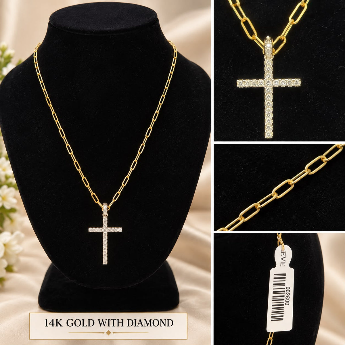 14K Yellow Gold 16” Paperclip Chain w/ 1” Diamond Cross Pendant Necklace