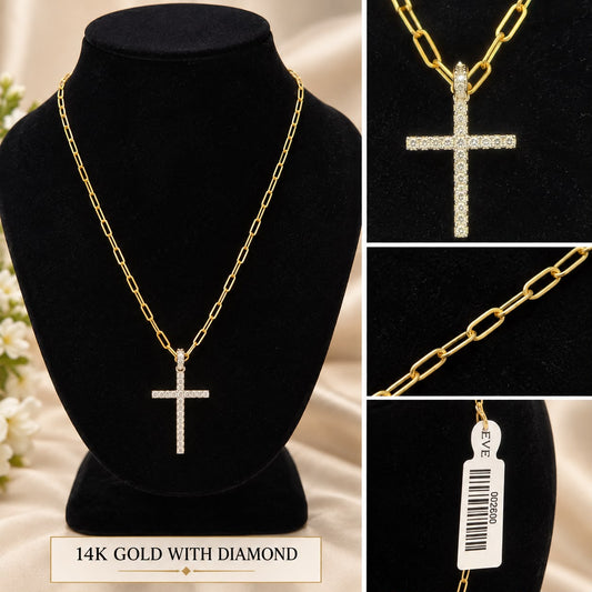 14K Yellow Gold 16” Paperclip Chain w/ 1” Diamond Cross Pendant Necklace