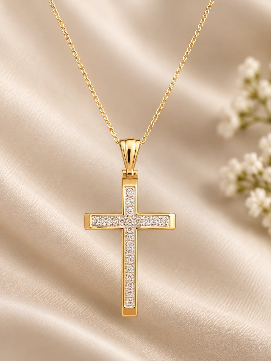 14K Yellow Gold Chain with 1” Diamond Cross Pendant Necklace