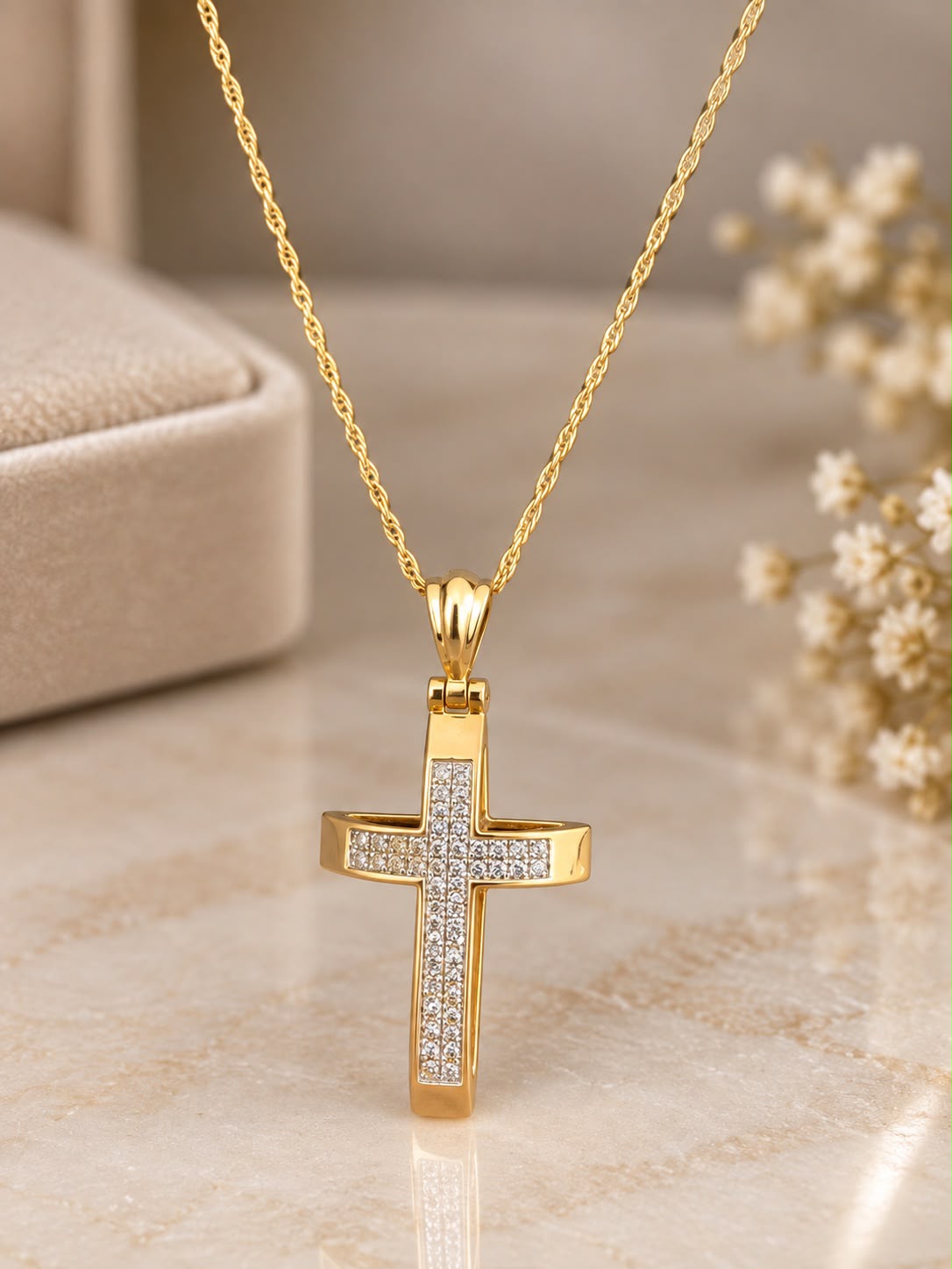 14K Yellow Gold Chain with 1” Diamond Cross Pendant Necklace