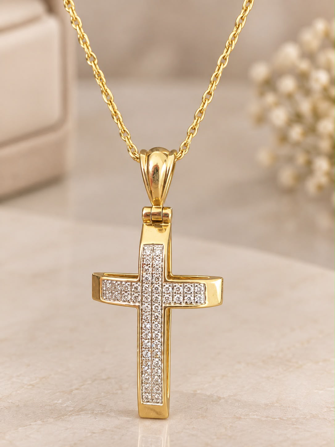 14K Yellow Gold Chain with 1” Diamond Cross Pendant Necklace