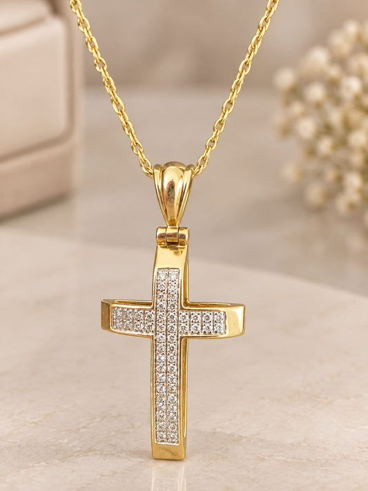14K Yellow Gold Chain with 1” Diamond Cross Pendant Necklace