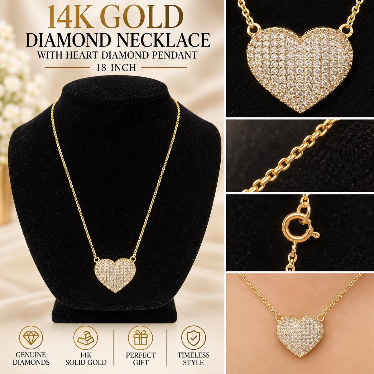 14K Yellow Gold 18” Diamond Heart Necklace – 1” Heart Pendant