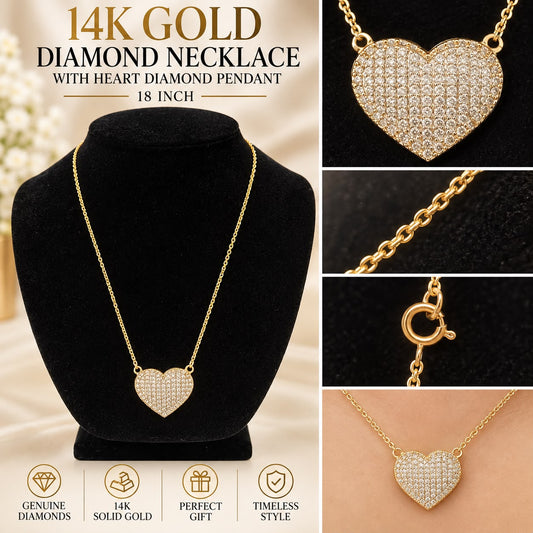 14K Yellow Gold 18” Diamond Heart Necklace – 1” Heart Pendant