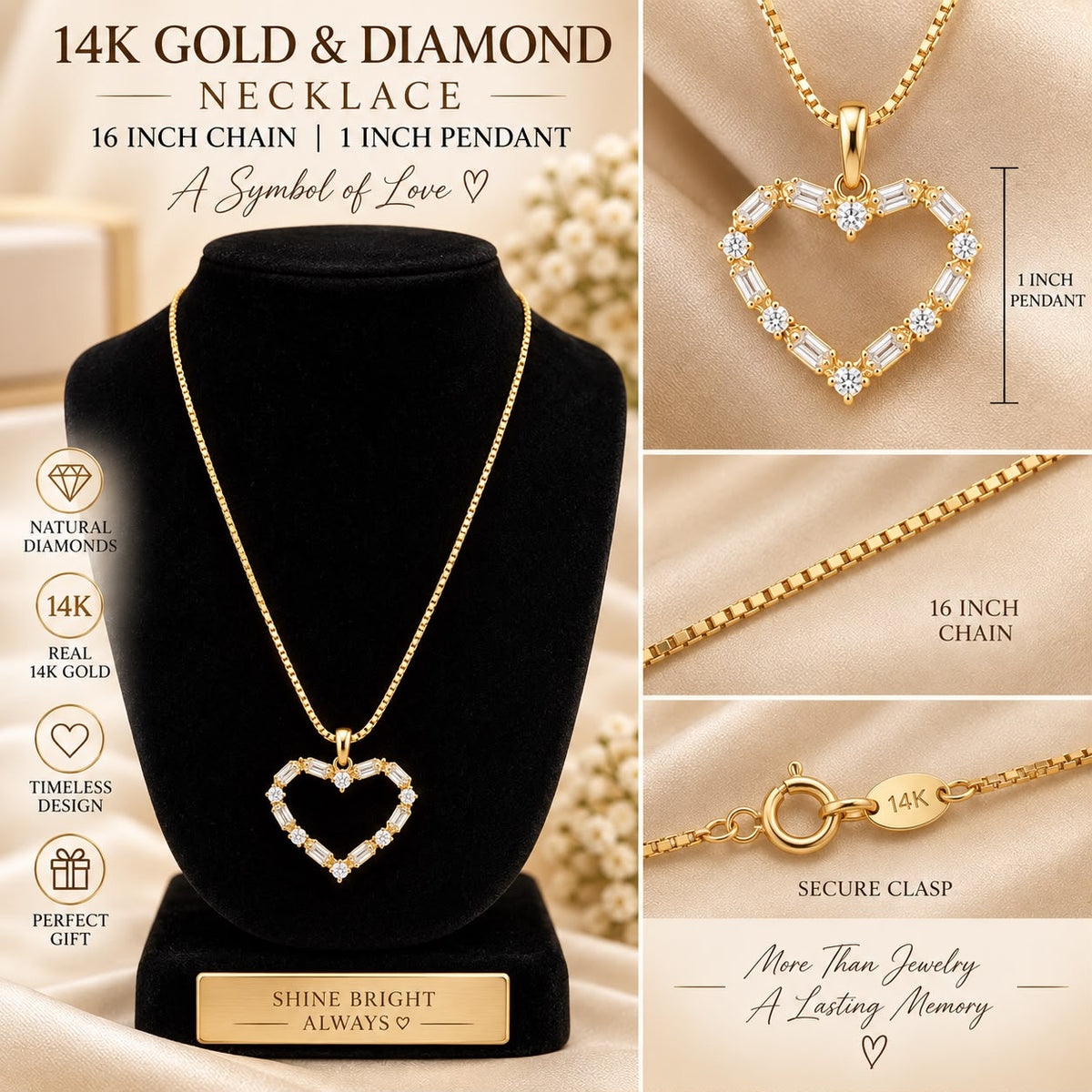 14K Yellow Gold 16” Necklace with 1” Natural Diamond Heart Pendant