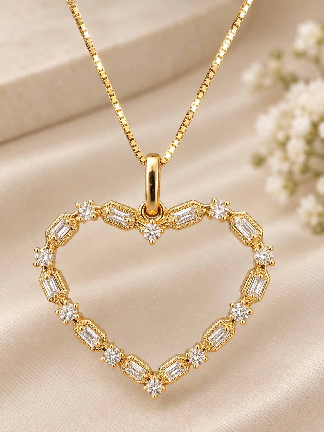 14K Yellow Gold 16” Necklace with 1” Natural Diamond Heart Pendant