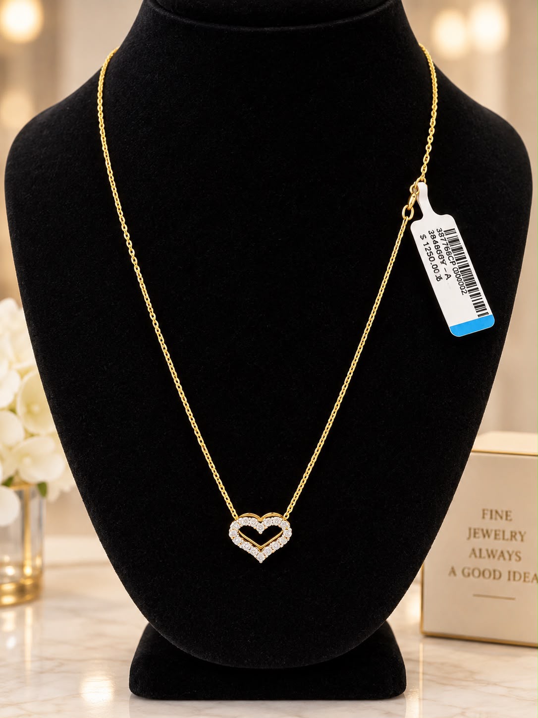 14K Yellow Gold 18” Necklace with 1” Natural Diamond Double Heart Pendant