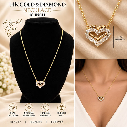 14K Yellow Gold 18” Necklace with 1” Natural Diamond Double Heart Pendant