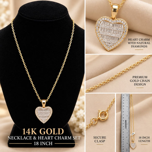 14K Yellow Gold 18” Necklace & Natural Diamond Heart Pendant Charm Set