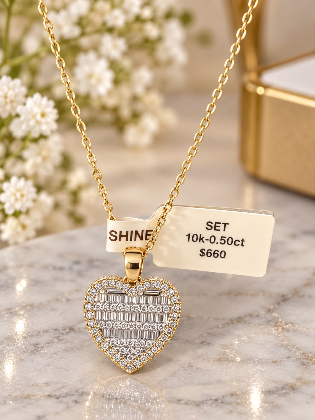 14K Yellow Gold 18” Necklace & Natural Diamond Heart Pendant Charm Set