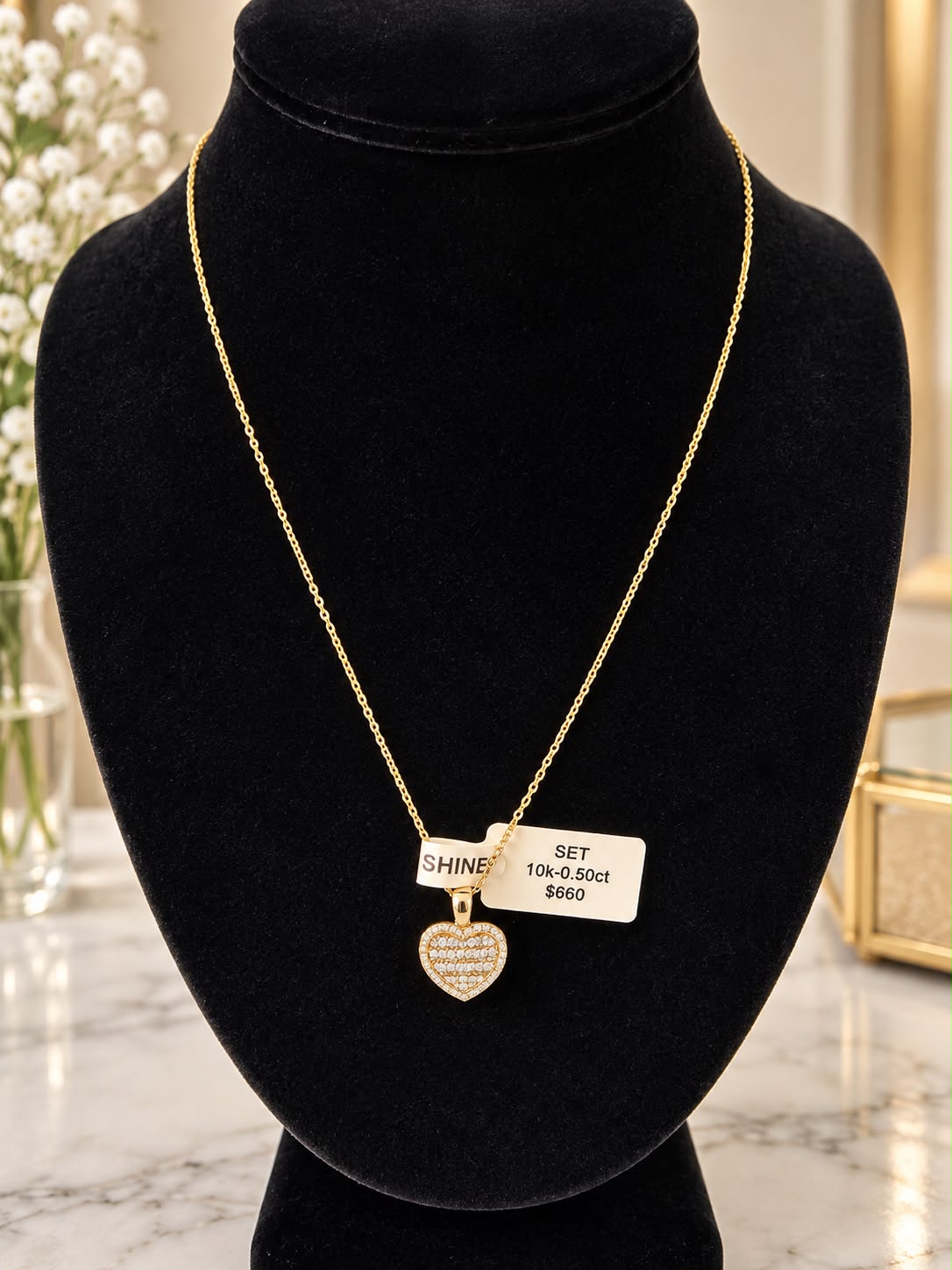 14K Yellow Gold 18” Necklace & Natural Diamond Heart Pendant Charm Set