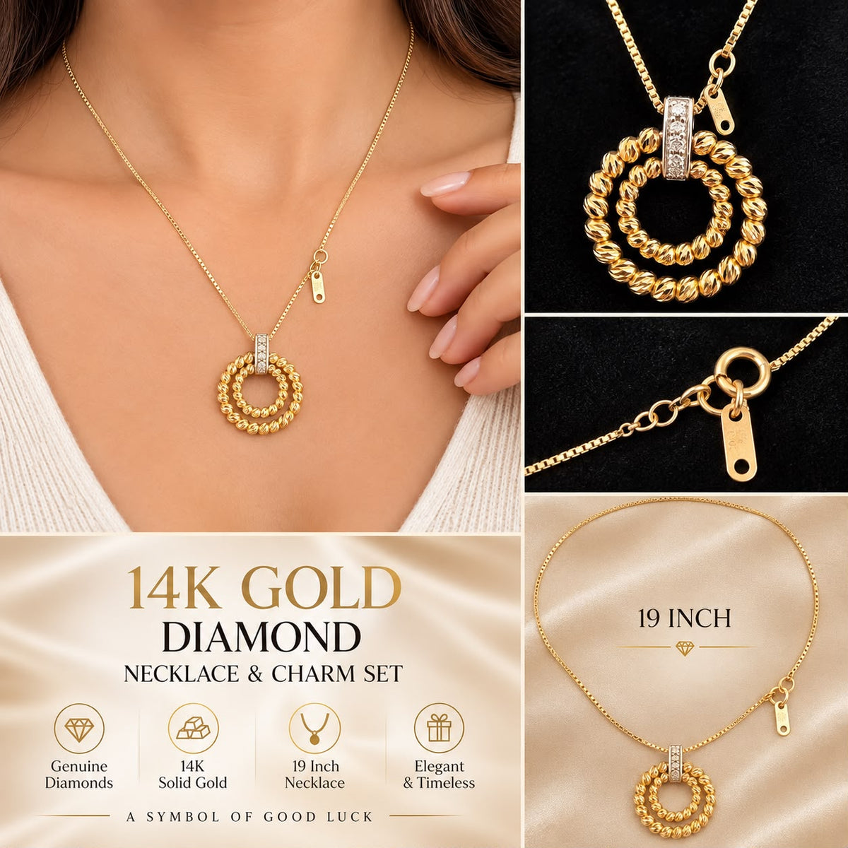 14K Yellow Gold Diamond Double Circle Pendant Necklace 19” Fine Jewelry