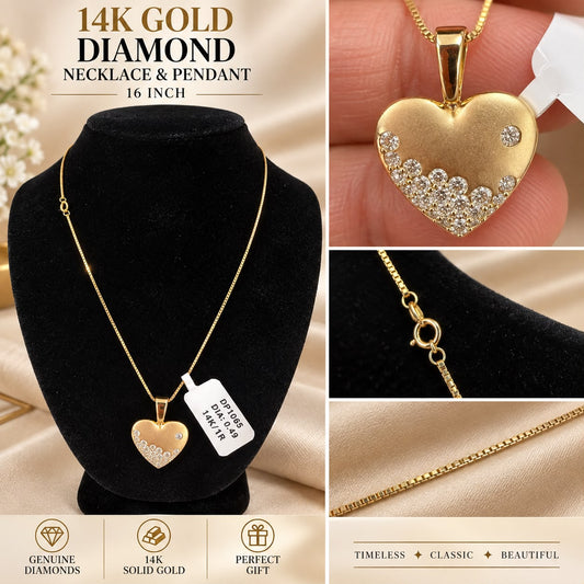 14K Yellow Gold Genuine Diamond Heart Pendant Necklace 16” Fine Jewelry