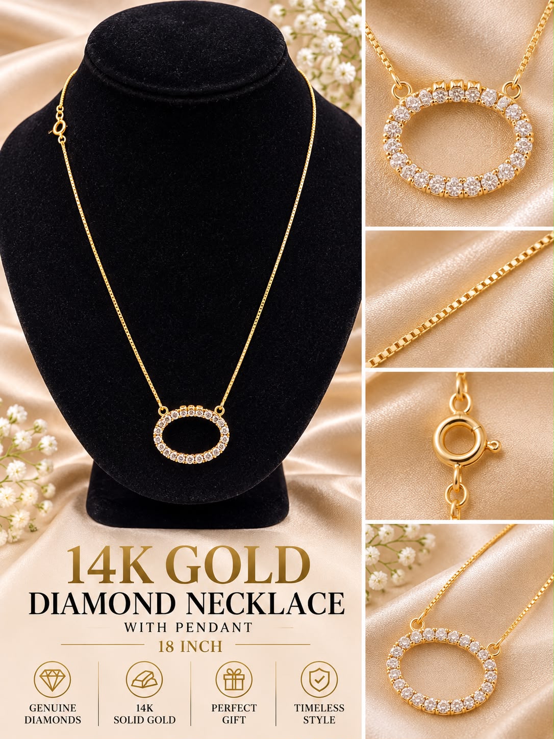 14K Yellow Gold 18” Diamond Necklace w/ 1” Diamond Circle Pendant Fine Jewelry