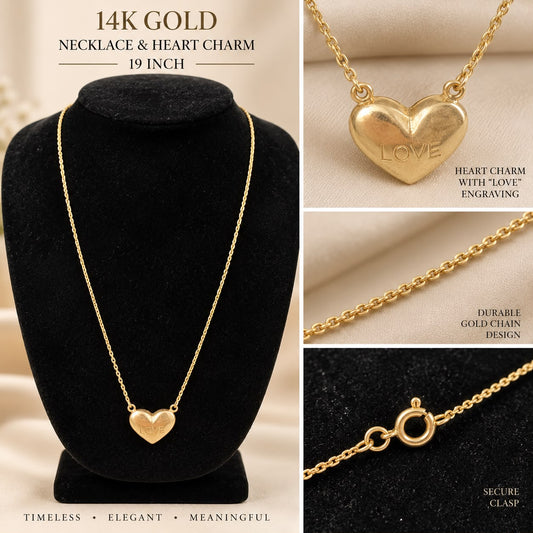 14K Yellow Gold 16” Necklace with “LOVE” Heart Charm Pendant – Elegant Gift
