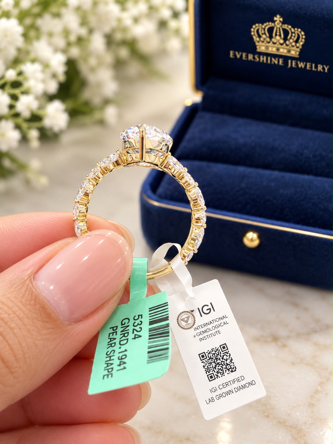 14K Gold 3.67 CT Lab Grown Diamond Pear Brilliant Ring IGI Certified Size 7