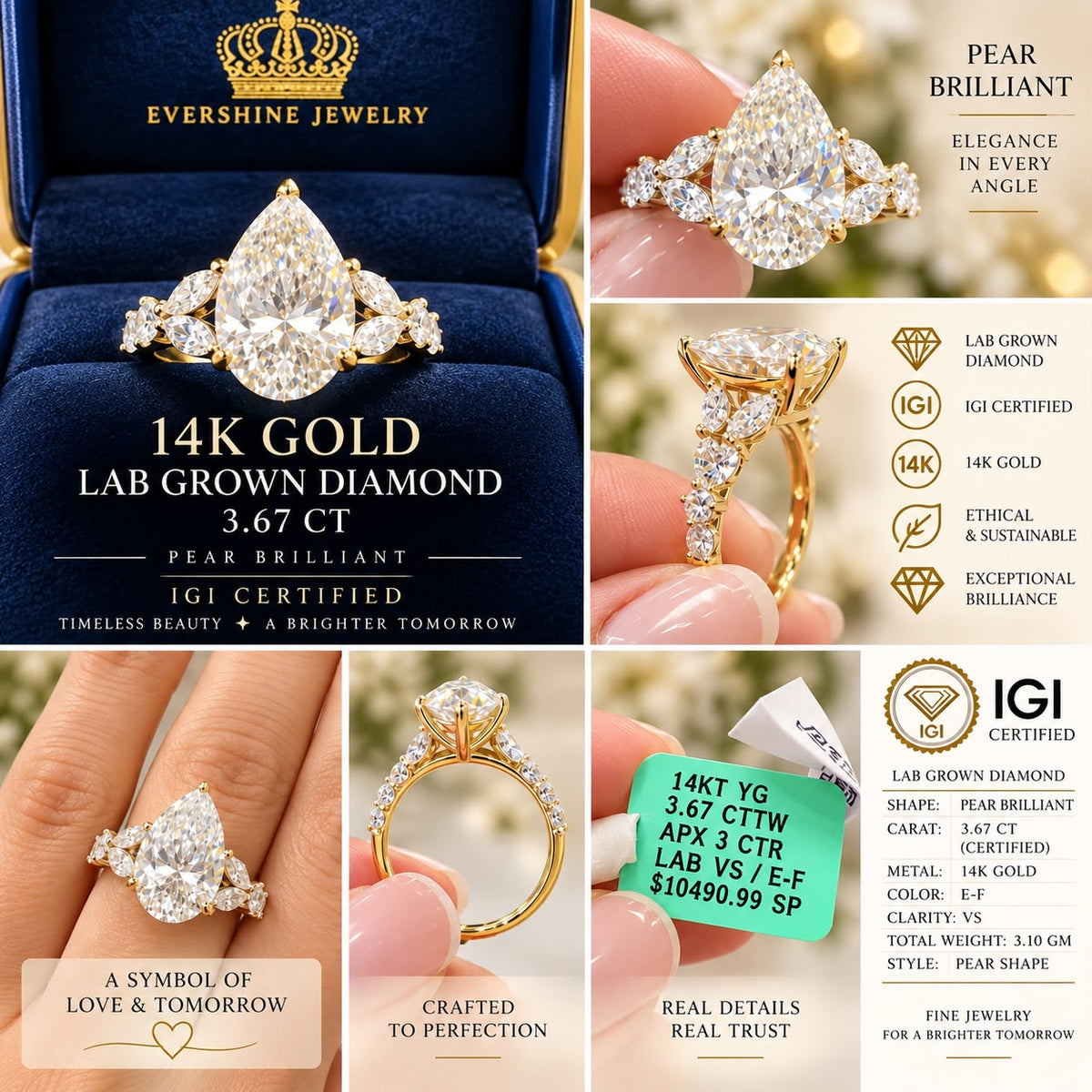 14K Gold 3.67 CT Lab Grown Diamond Pear Brilliant Ring IGI Certified Size 7