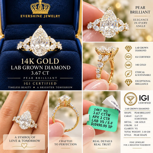 14K Gold 3.67 CT Lab Grown Diamond Pear Brilliant Ring IGI Certified Size 7