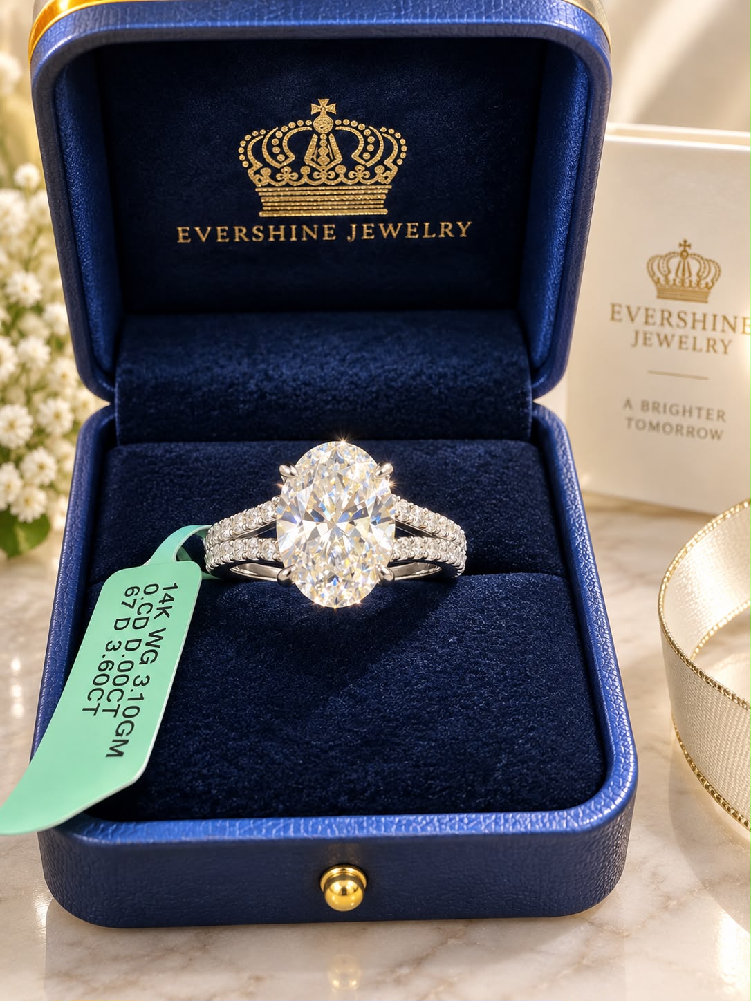 4K White Gold 3.60 CT Oval Lab Grown Diamond Ring IGI Certified Size 7