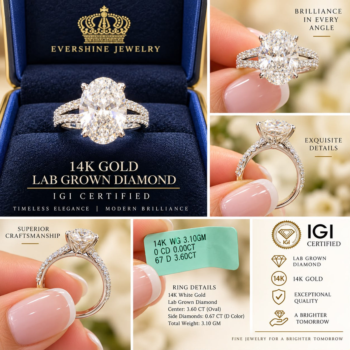 4K White Gold 3.60 CT Oval Lab Grown Diamond Ring IGI Certified Size 7