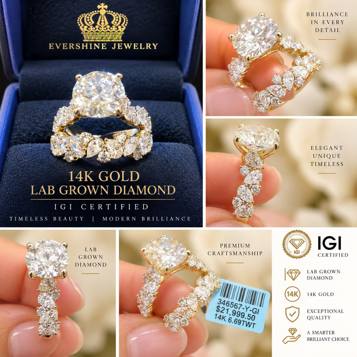 14K Gold 6.69 CTW Lab Grown Diamond Ring IGI Certified Size 7