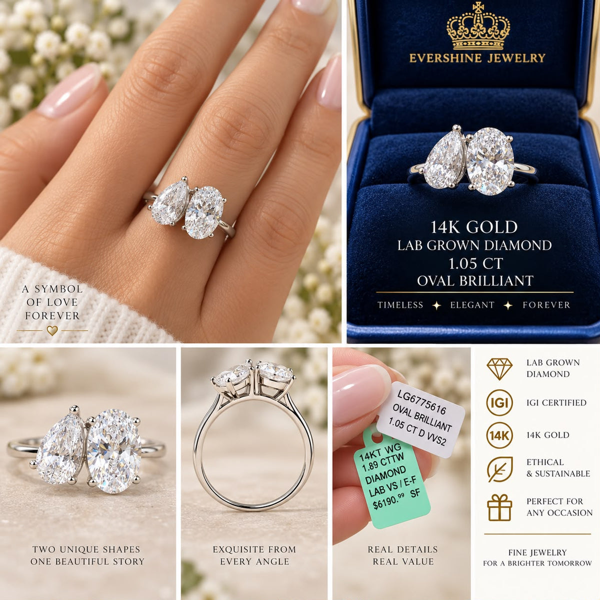 14K White Gold Lab Grown Diamond Toi et Moi Ring 1.89 CTW Oval & Pear Size 7