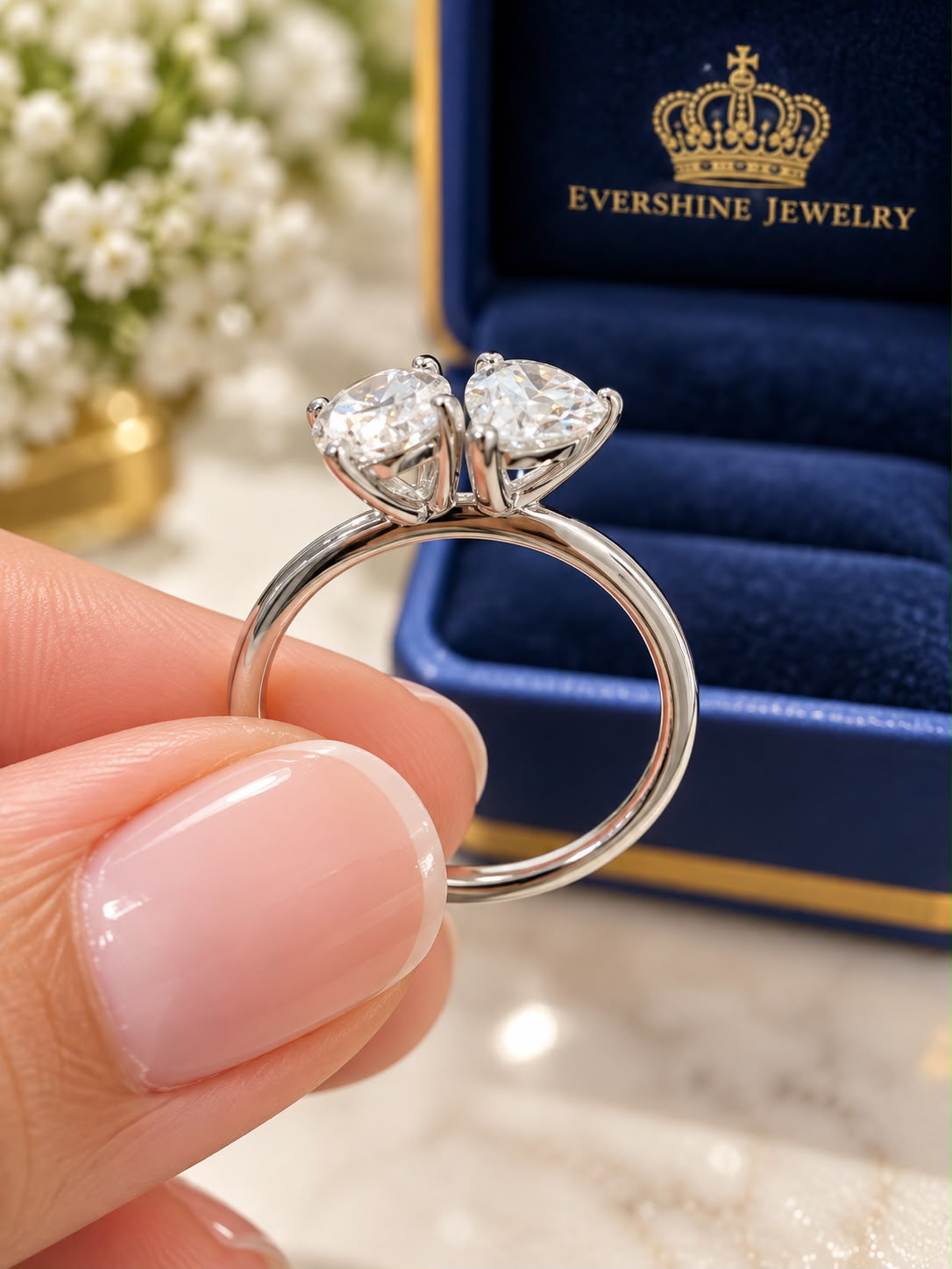 14K White Gold Lab Grown Diamond Toi et Moi Ring 1.89 CTW Oval & Pear Size 7