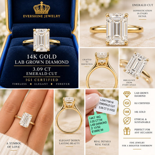 14K Gold IGI Certified 3.09 CT Lab Grown Diamond Emerald Cut Ring Size 7