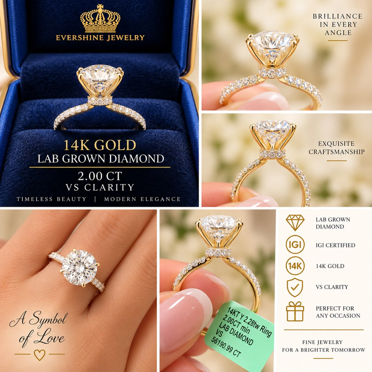 14K Gold 2 CT Lab Grown Diamond Round Brilliant Engagement Ring Size 7