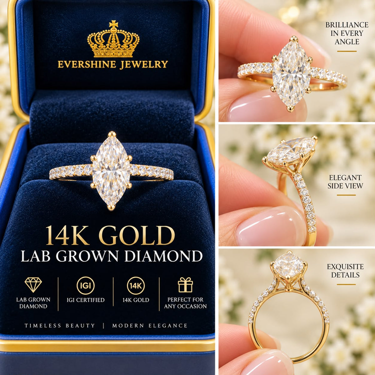 14K Yellow Gold 3 CT Lab Grown Marquise Diamond Ring IGI Certified Size 7