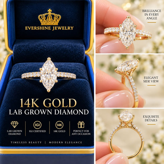 14K Yellow Gold 3 CT Lab Grown Marquise Diamond Ring IGI Certified Size 7