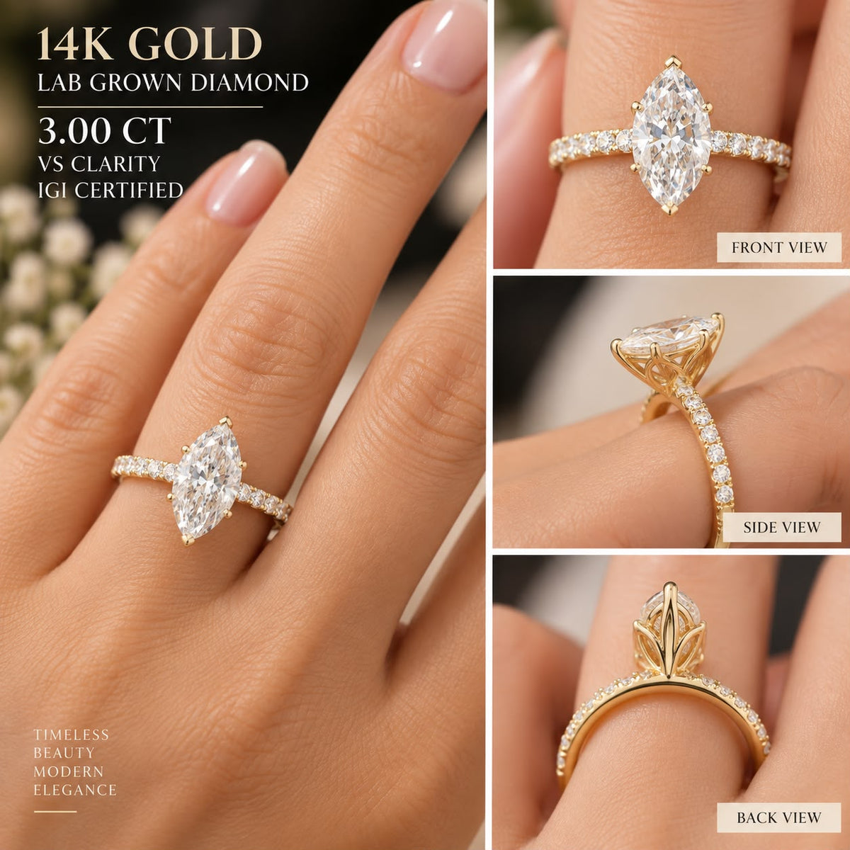 14K Yellow Gold 3 CT Lab Grown Marquise Diamond Ring IGI Certified Size 7