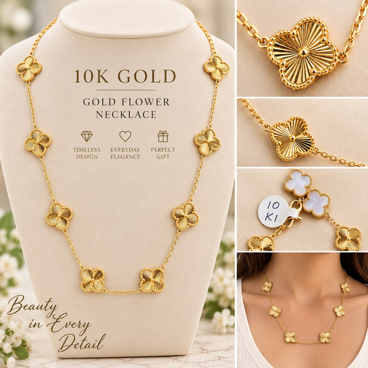 10K Yellow Gold Flower Station Necklace Elegant Floral Design Fine Jewelry