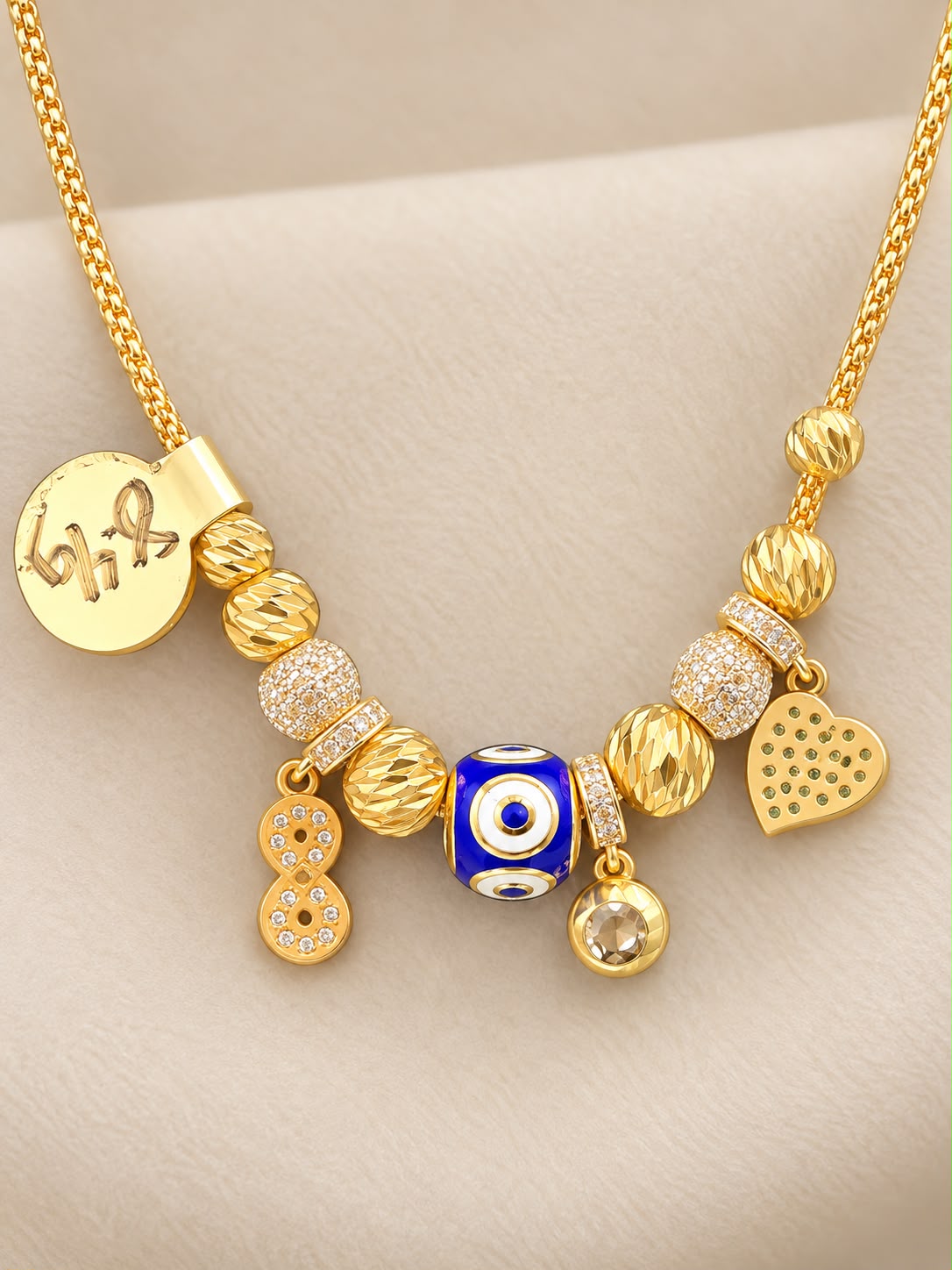 10K Yellow Gold 18” Charm Necklace with Cubic Zirconia CZ Stones Evil Eye Heart