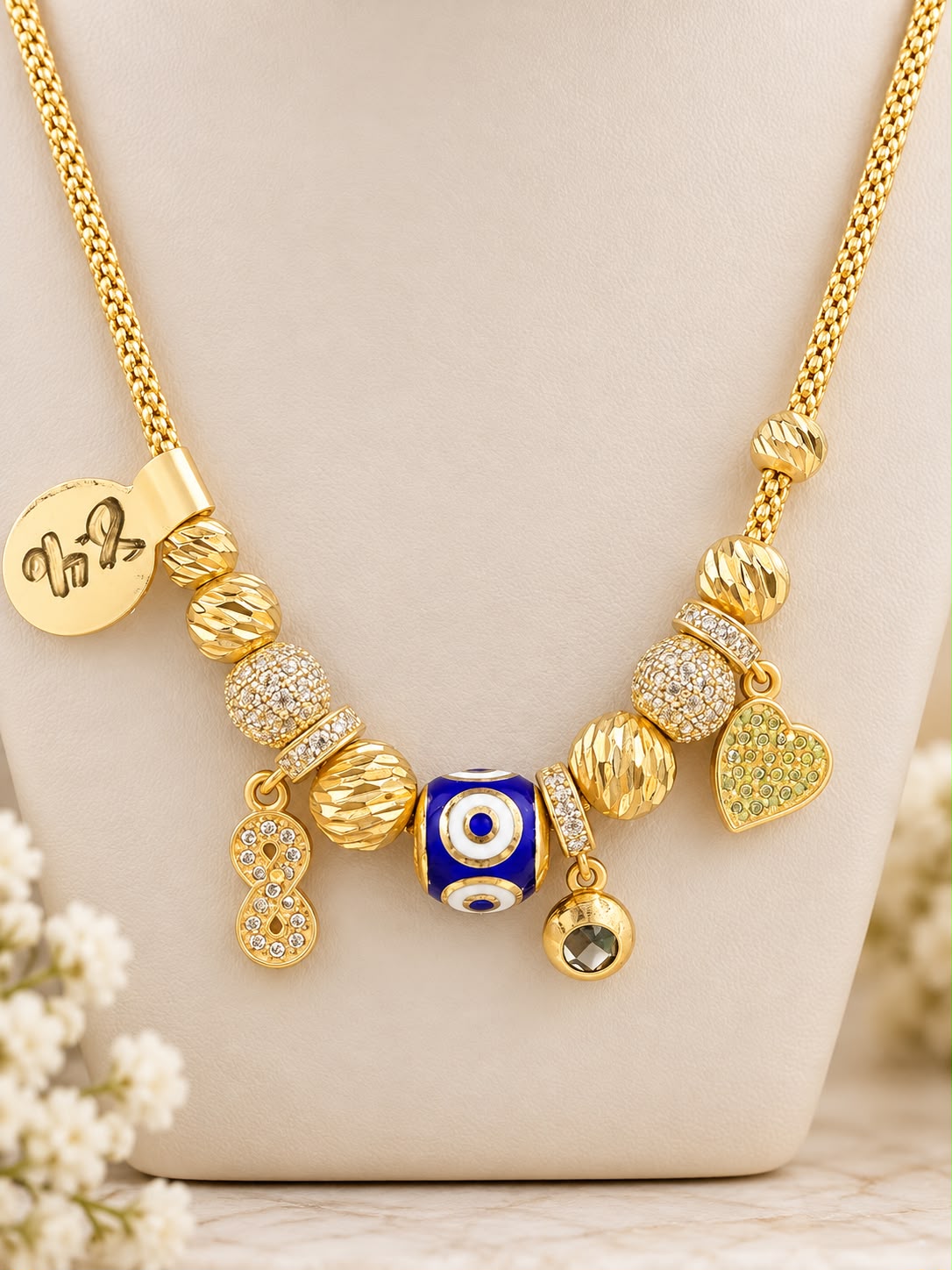 10K Yellow Gold 18” Charm Necklace with Cubic Zirconia CZ Stones Evil Eye Heart