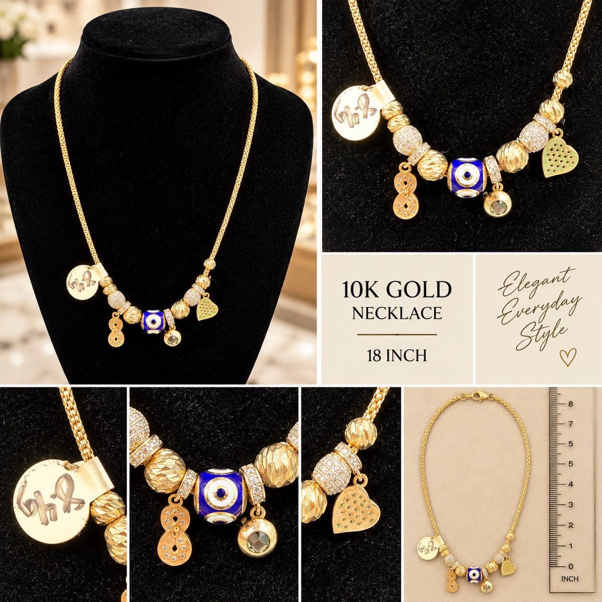 10K Yellow Gold 18” Charm Necklace with Cubic Zirconia CZ Stones Evil Eye Heart