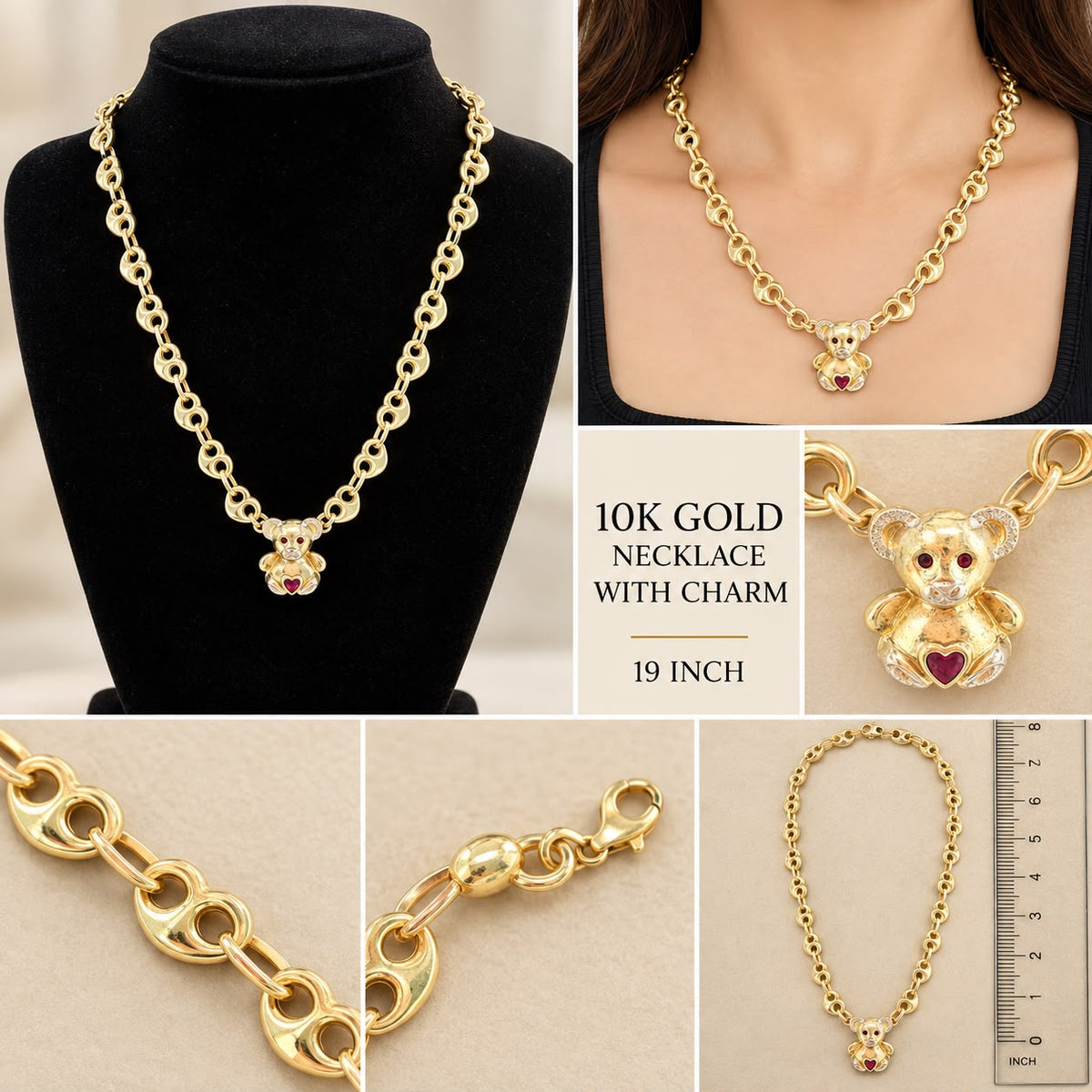 10K Yellow Gold 19” Link Necklace with Teddy Bear Heart Charm Lobster Clasp
