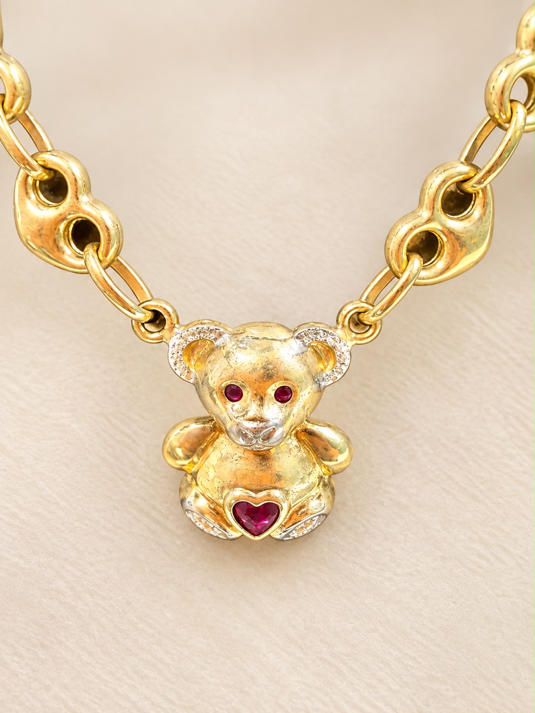 10K Yellow Gold 19” Link Necklace with Teddy Bear Heart Charm Lobster Clasp