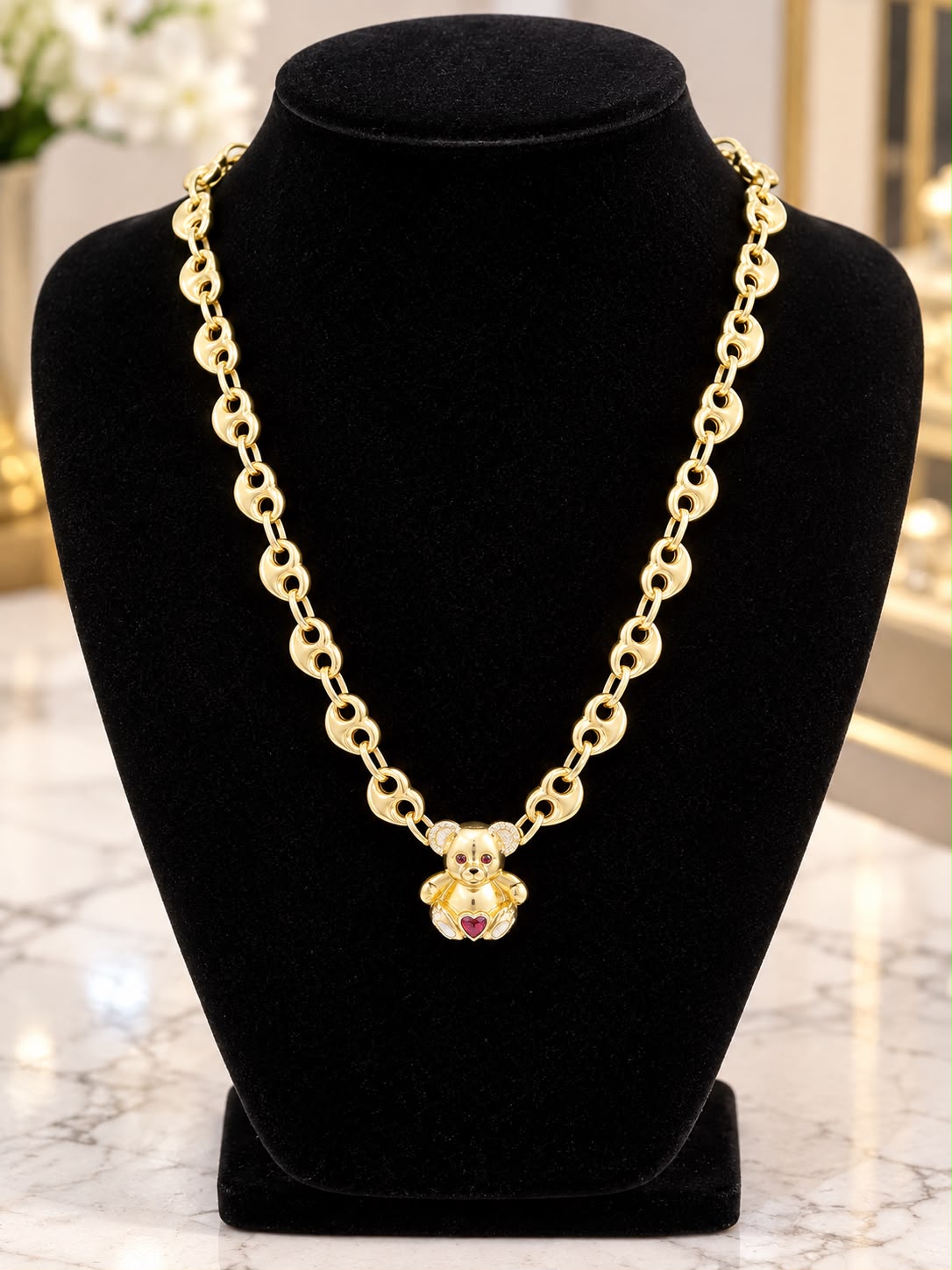10K Yellow Gold 19” Link Necklace with Teddy Bear Heart Charm Lobster Clasp