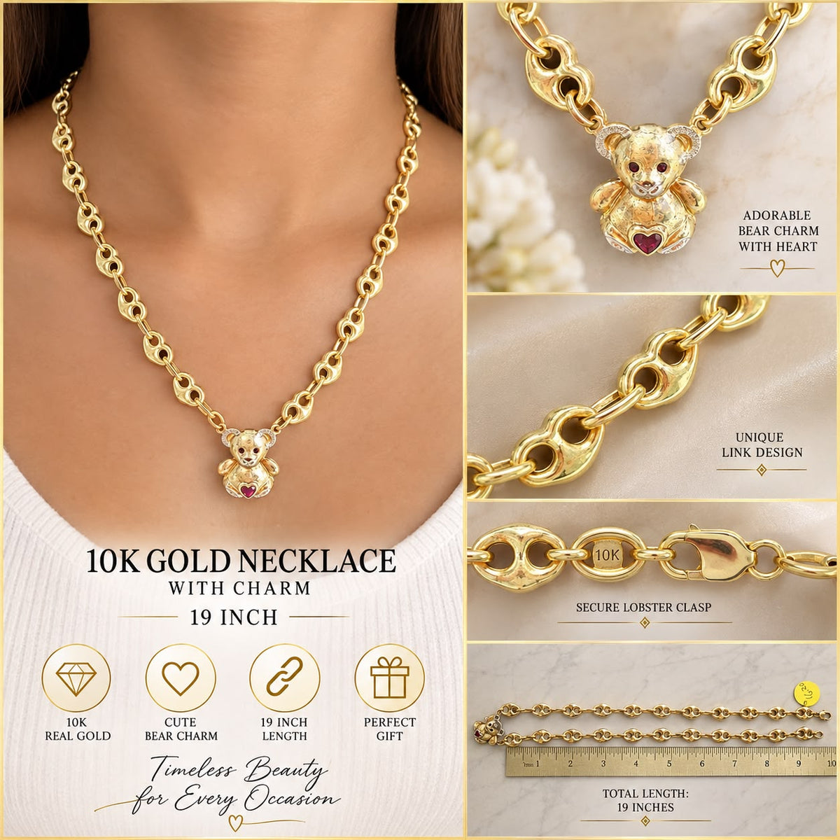 10K Yellow Gold 19” Link Necklace with Teddy Bear Heart Charm Lobster Clasp