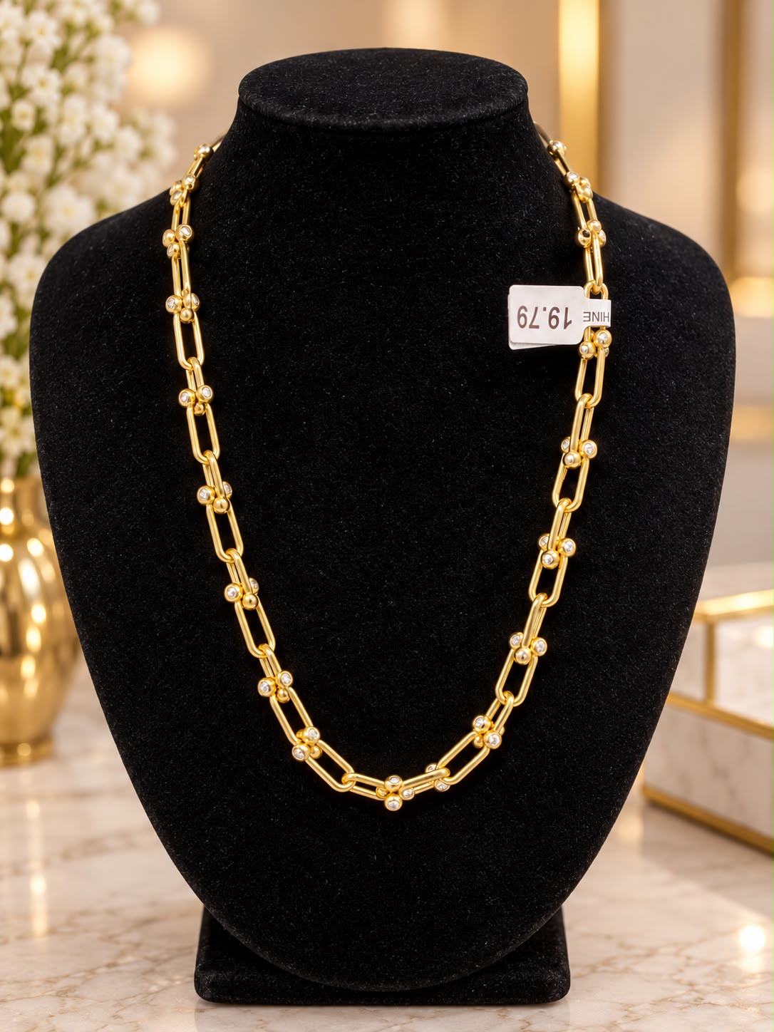 10K Yellow Gold 18” CZ Station Link Necklace Paperclip Floral Design