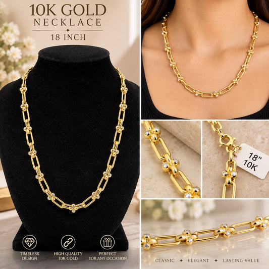 10K Yellow Gold 18” CZ Station Link Necklace Paperclip Floral Design