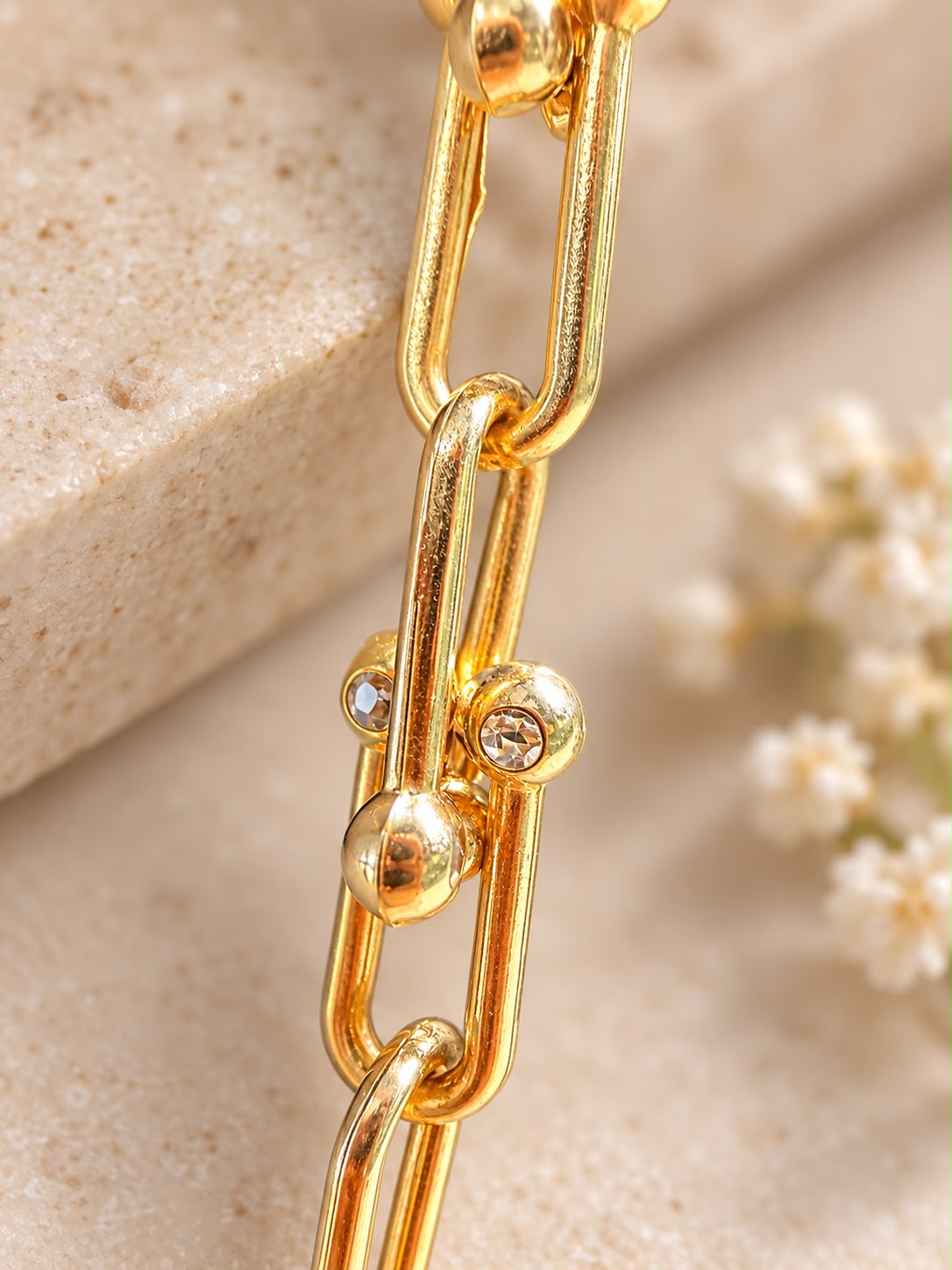 10K Yellow Gold 18” CZ Station Link Necklace Paperclip Floral Design