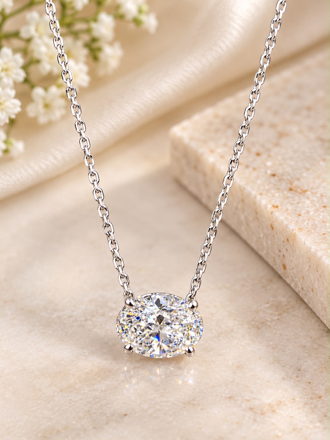 18K White Gold 3.05 CT IGI Certified VS Lab Grown Oval Diamond Necklace 20”