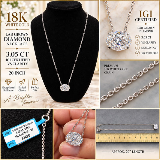 18K White Gold 3.05 CT IGI Certified VS Lab Grown Oval Diamond Necklace 20”