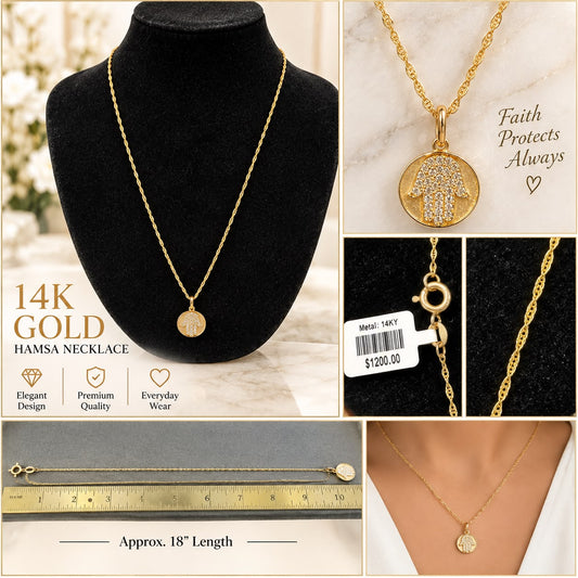 14K Yellow Gold Hamsa Hand CZ Pendant Necklace 18” Good Luck Protection Charm
