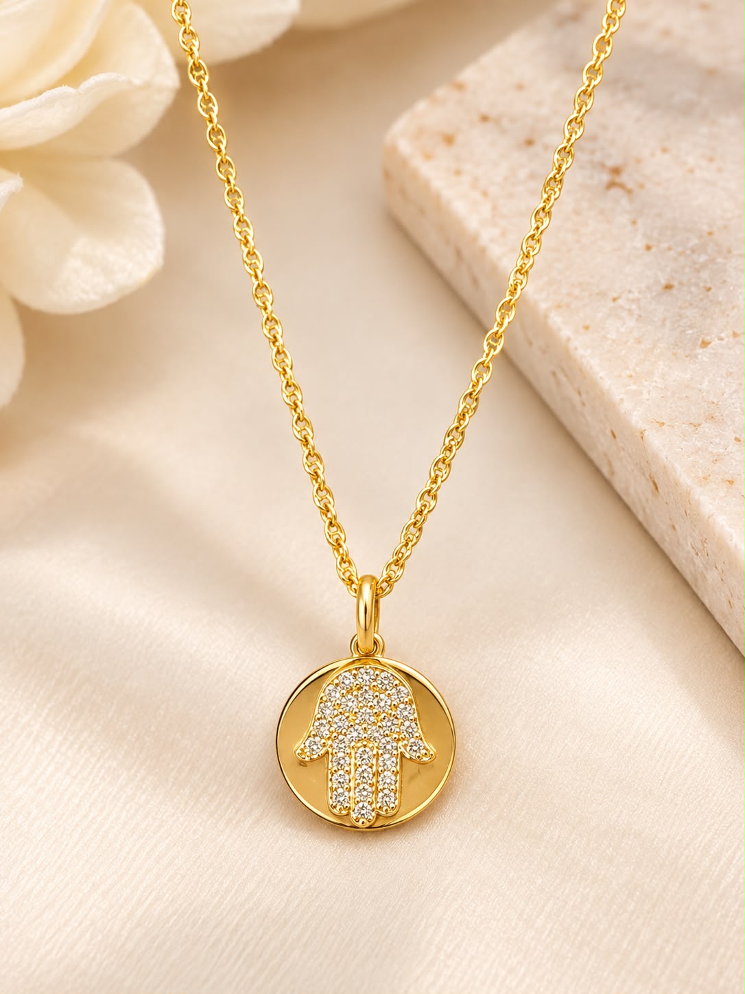 14K Yellow Gold Hamsa Hand CZ Pendant Necklace 18” Good Luck Protection Charm