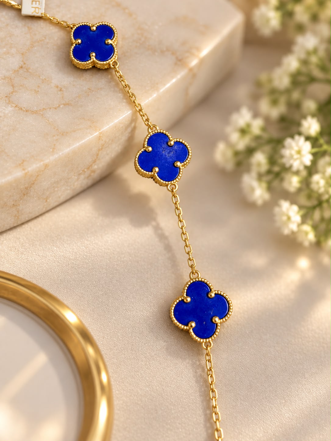 10K Yellow Gold 18” Blue Flower Station Necklace 12.3g Floral Clover Design