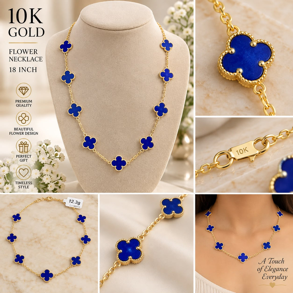 10K Yellow Gold 18” Blue Flower Station Necklace 12.3g Floral Clover Design