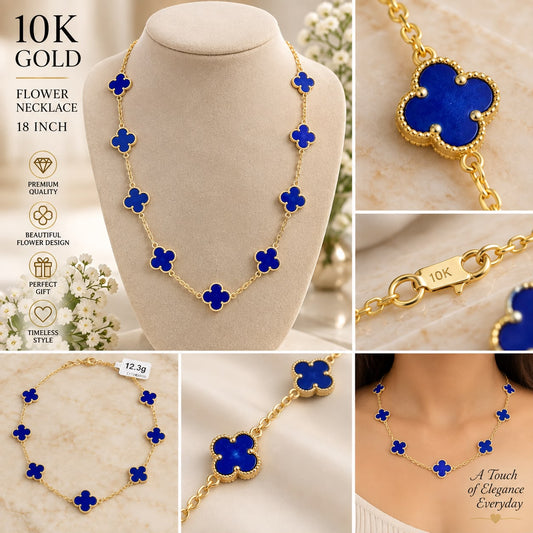 10K Yellow Gold 18” Blue Flower Station Necklace 12.3g Floral Clover Design